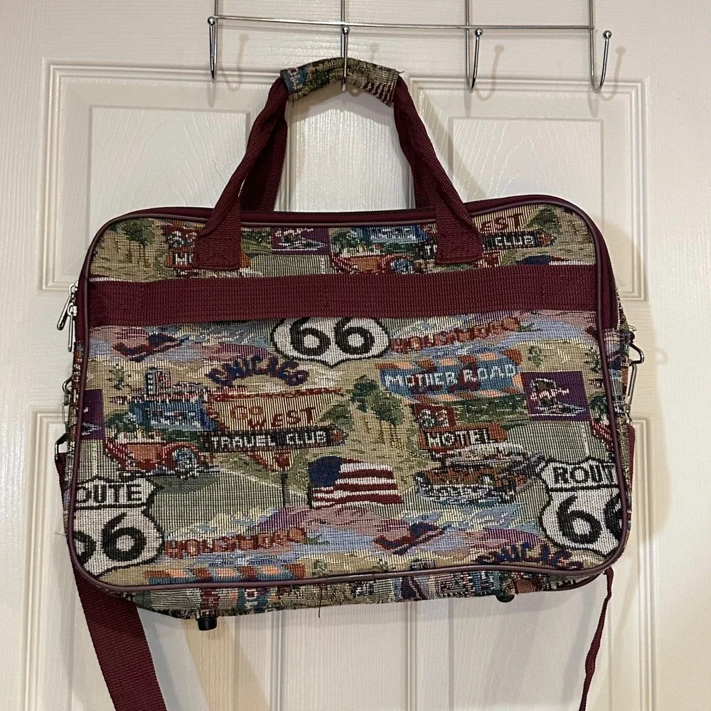 American Uni Route 66 Tapestry Messenger Bag Americana Travel Crossbody Burgundy
